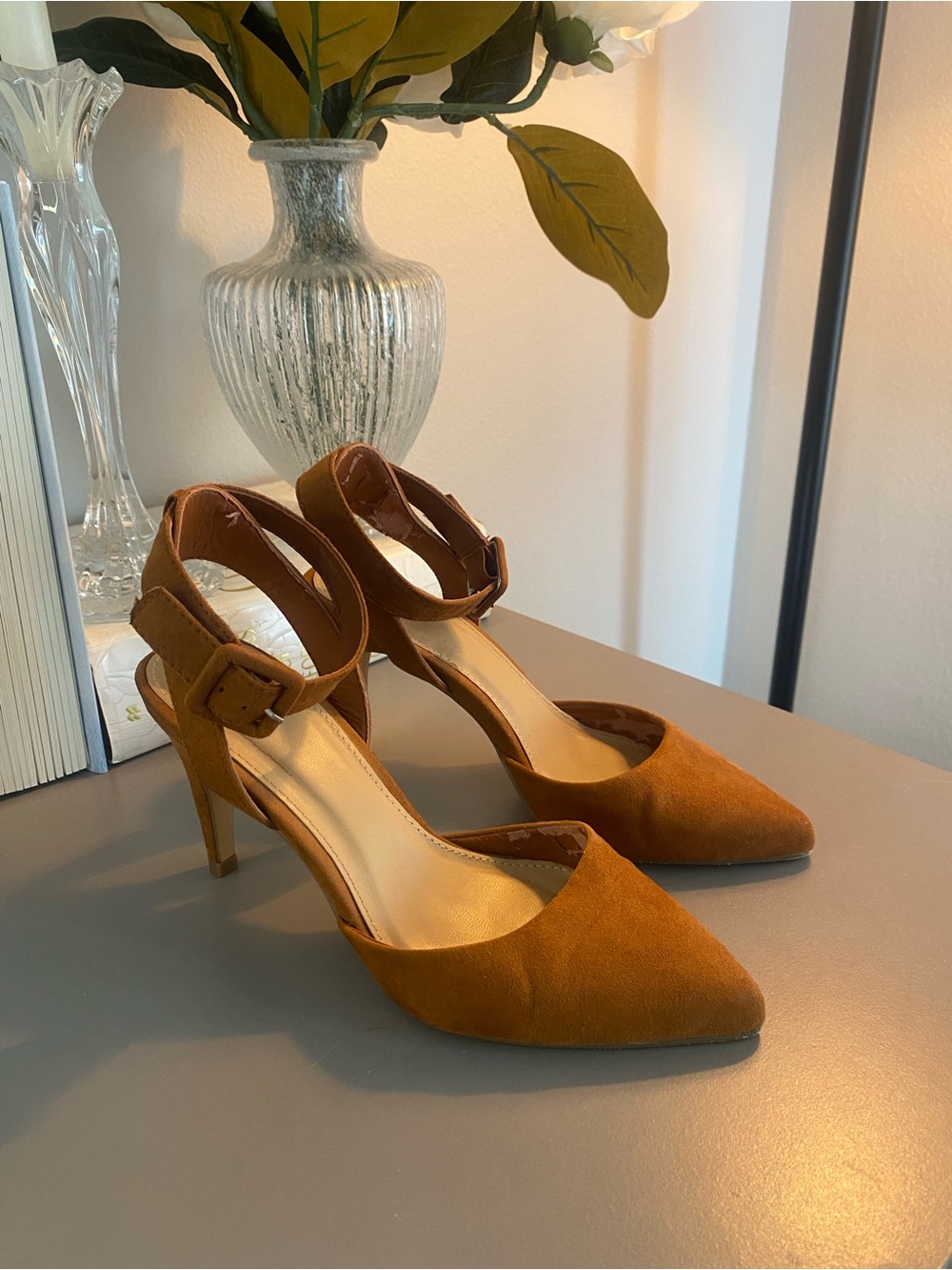 Women's Suede Ankle-Strap Pointed-Toe Heels in lighter Cognac/REPOSH